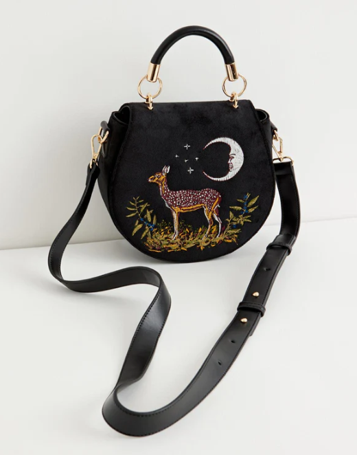 Fable England Deer Embroidered Saddle Bag Black Velvet