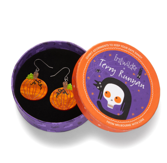 Erstwilder Terry Runyan Feline Spooky Midnight Magic Pumpkin Drop Earrings