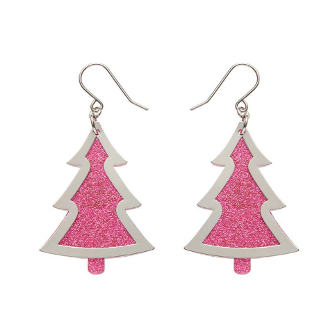 Erstwilder Merry Kitschmas Pink Silver Christmas Tree Drop Earrings