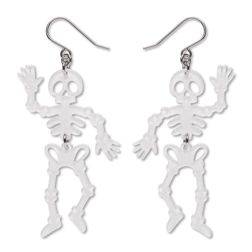 Erstwilder Midnight Mischief Dancing Skeletons White Drop Earrings