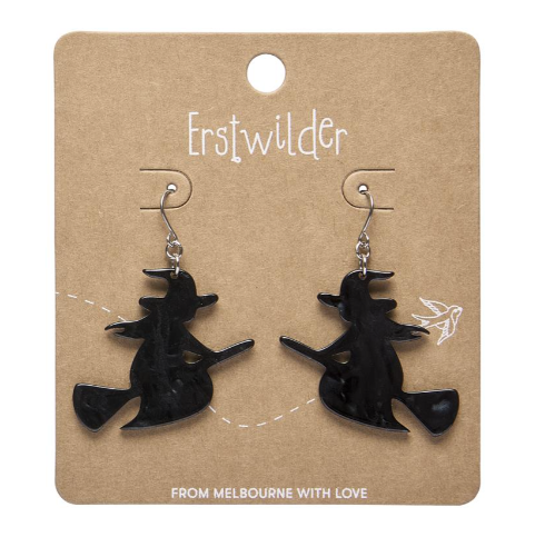 Erstwilder Megan Roy Haunted at Heart Flying Witch Drop Earrings Black