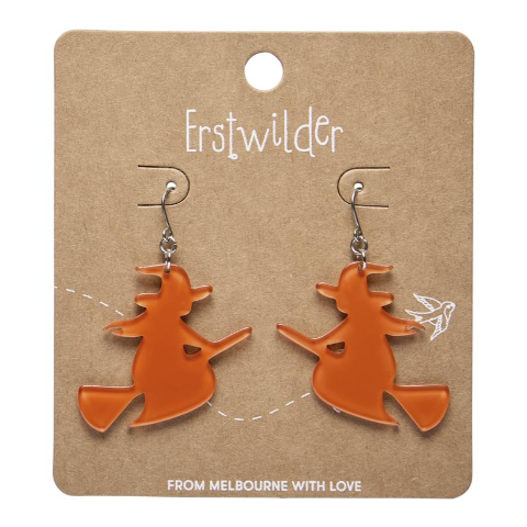 Erstwilder Megan Roy Haunted at Heart Flying Witch Drop Earrings Orange