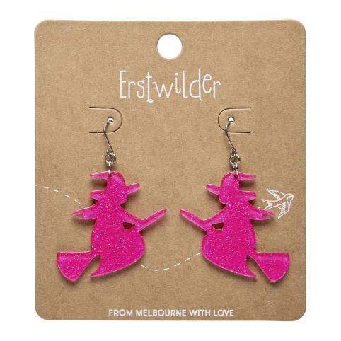 Erstwilder Megan Roy Haunted at Heart Flying Witch Drop Earrings Pink