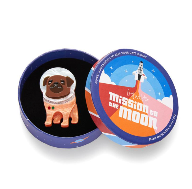 Erstwilder Mission to the Moon Interplanetary Pug Brooch Shoe Fun