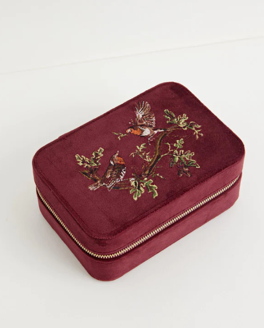 Fable England Robin Love Embroidered Large Velvet Jewellery Box